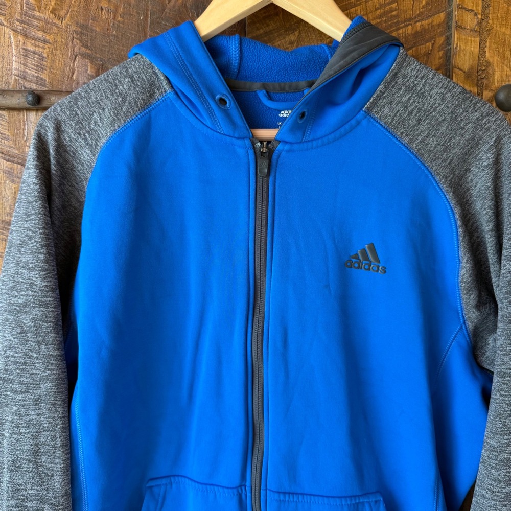Adidas Full Zip Hoodie Mens Large Blue Gray Climawarm Fleece Raglan Jacket - Picture 2 of 9